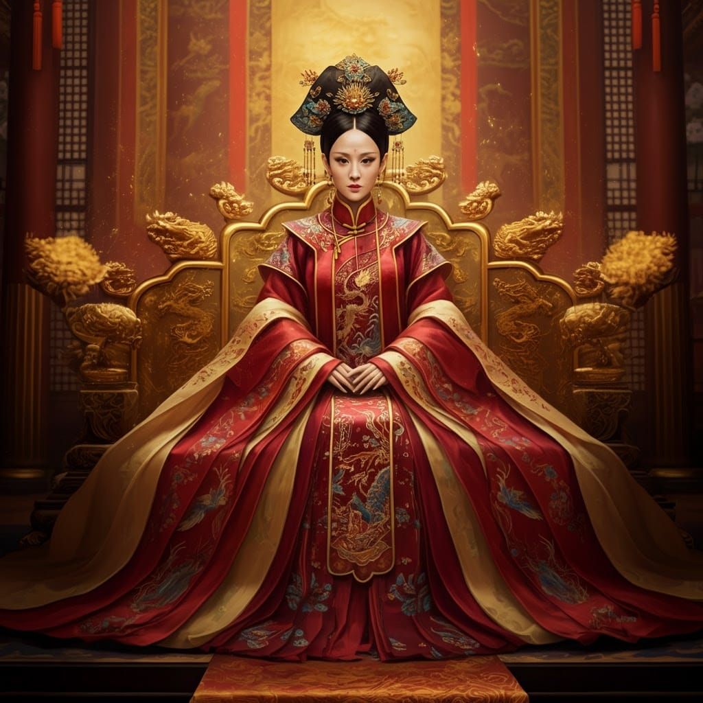 Majestic Qing Dynasty Empress in Gingham Silk Gown