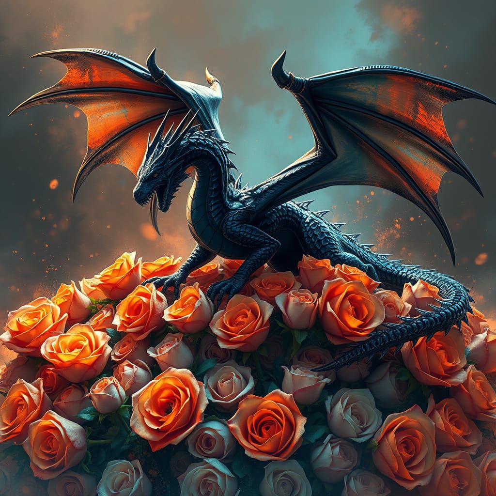 Whimsical Watercolor Dragon Amidst Vibrant Roses