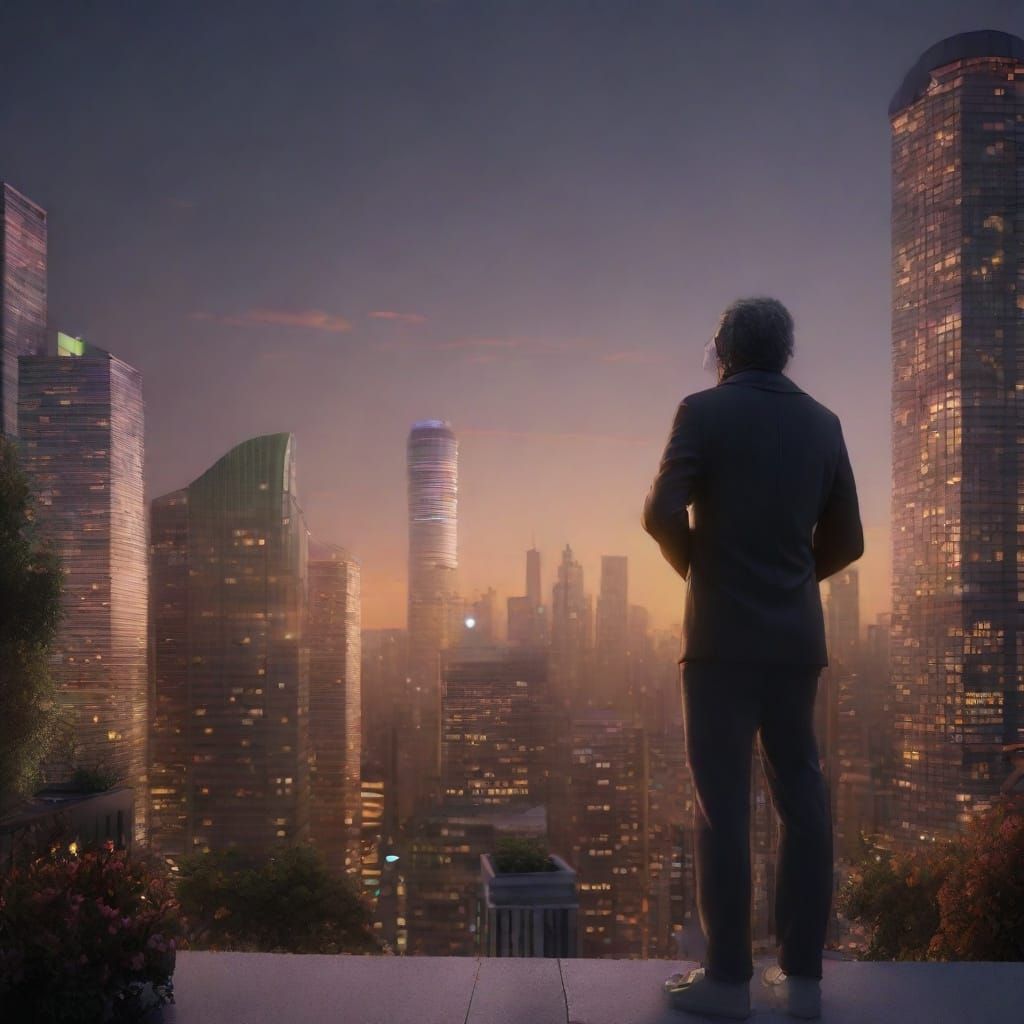 Twilight Cityscape with Rooftop Garden in Digital Style