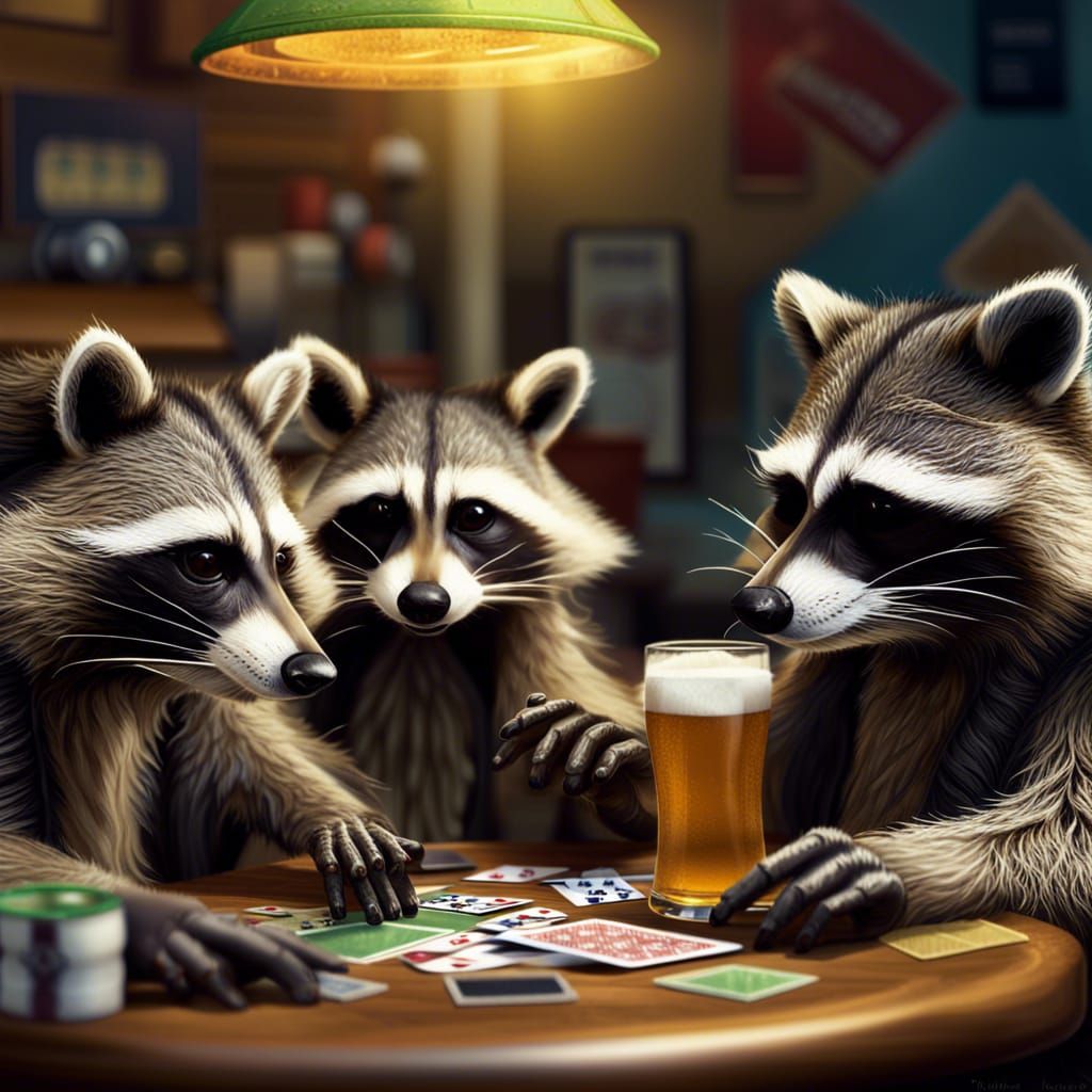 Raccoons play cards.