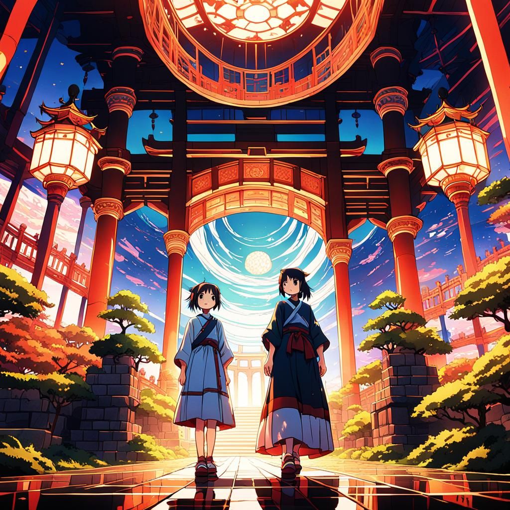 Anime Mother and Daughter in Japanese Castle