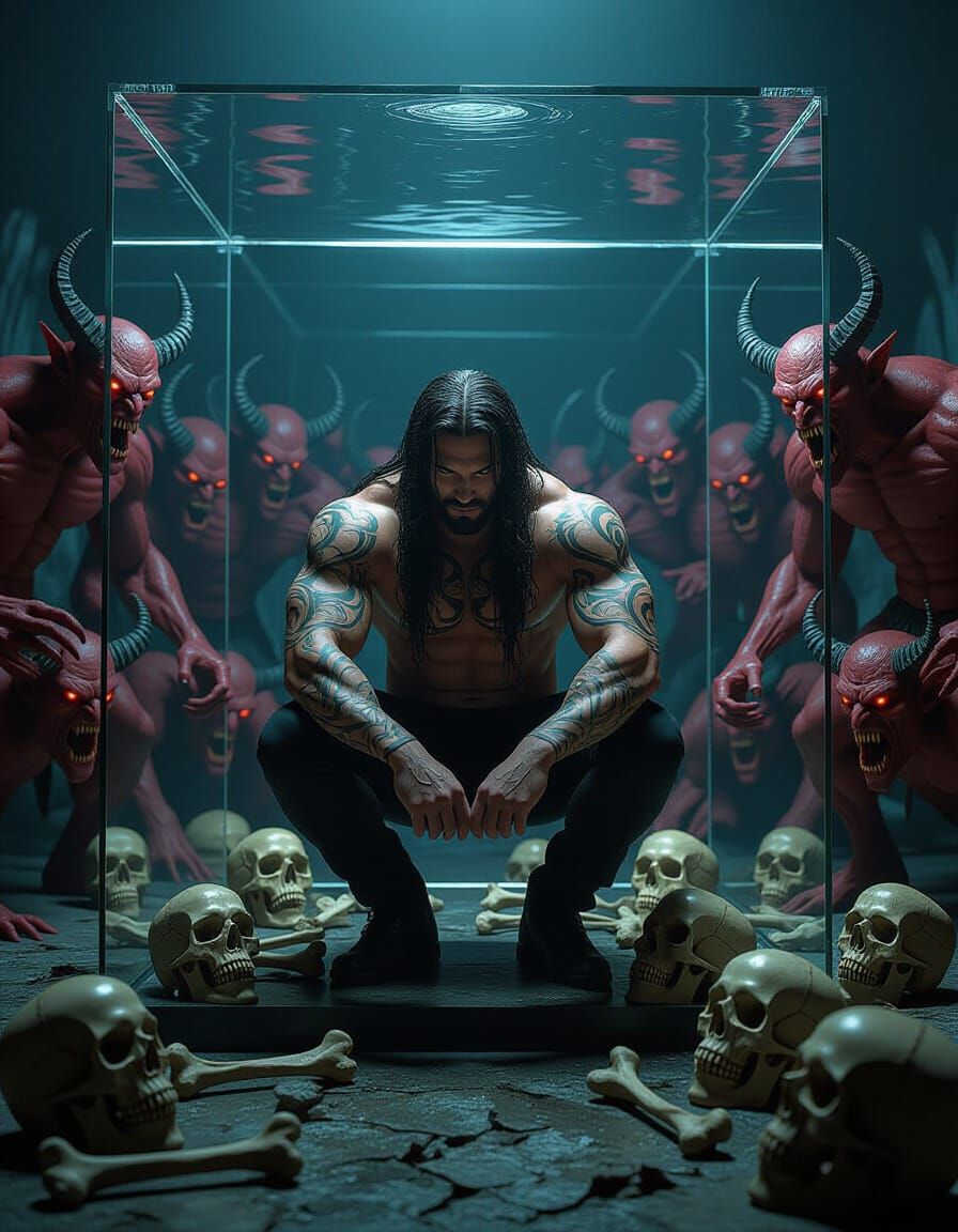 Dark Fantasy: Man in Glass Cube Surrounded by Demons