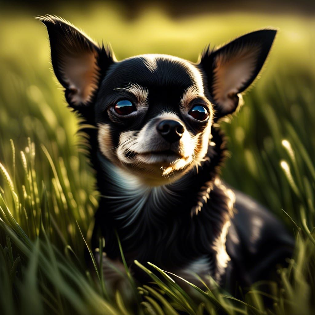 Hyperrealistic Chihuahua in Sunlit Field