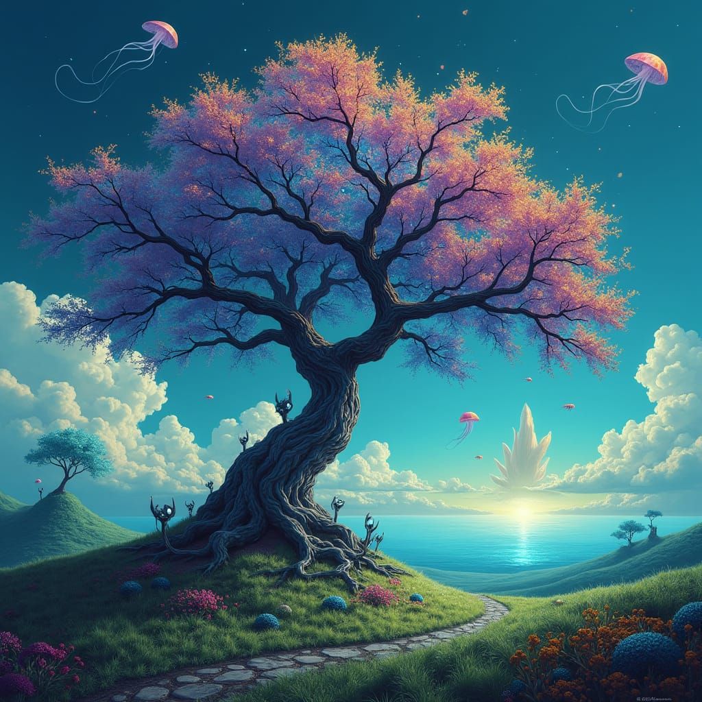 Iridescent Tree in Dreamlike Surrealist Landscape