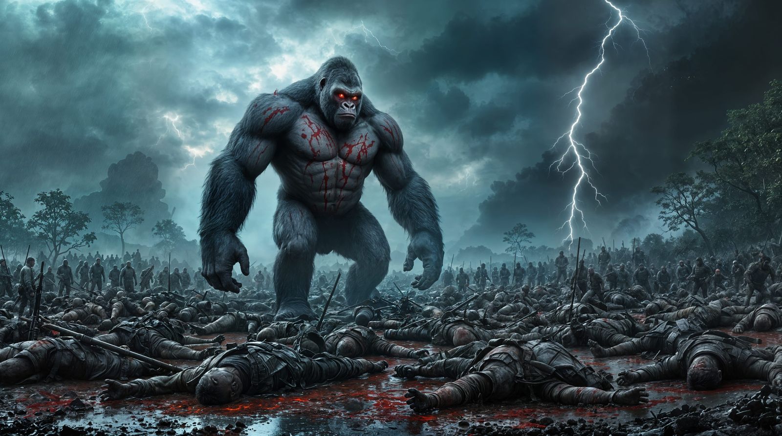 Vigilant Silverback Gorilla Dominates Stormy Battlefield