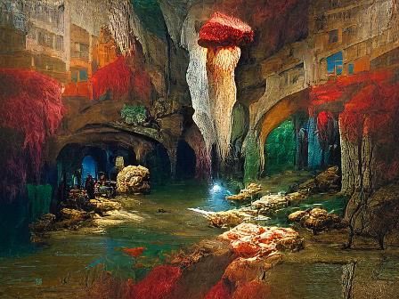 Ancient Caverns: Speleological River in Detailed Painting