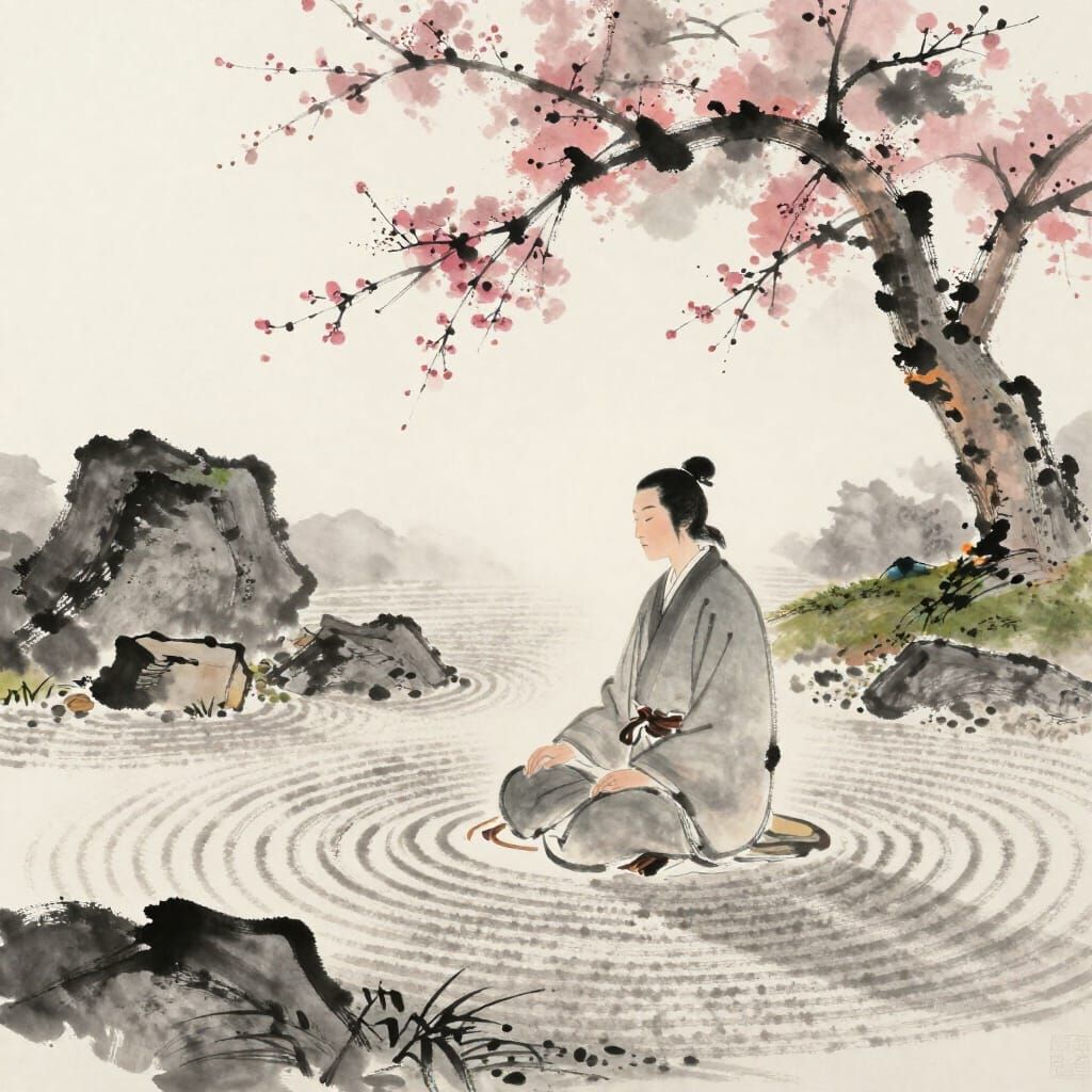 Zen Meditation in Japanese Garden in Ink Wash Style