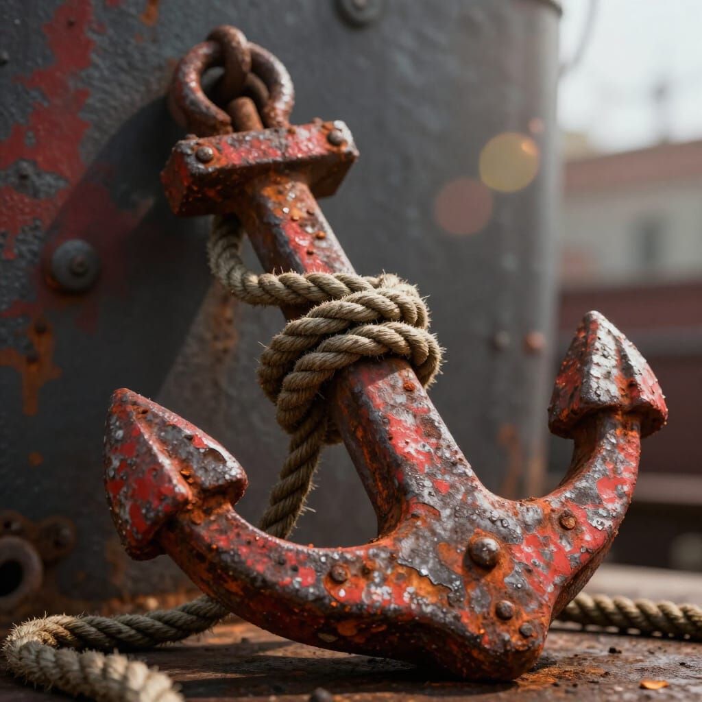 Rusted Metal Anchor with Twisted Rope and Weathered Patina