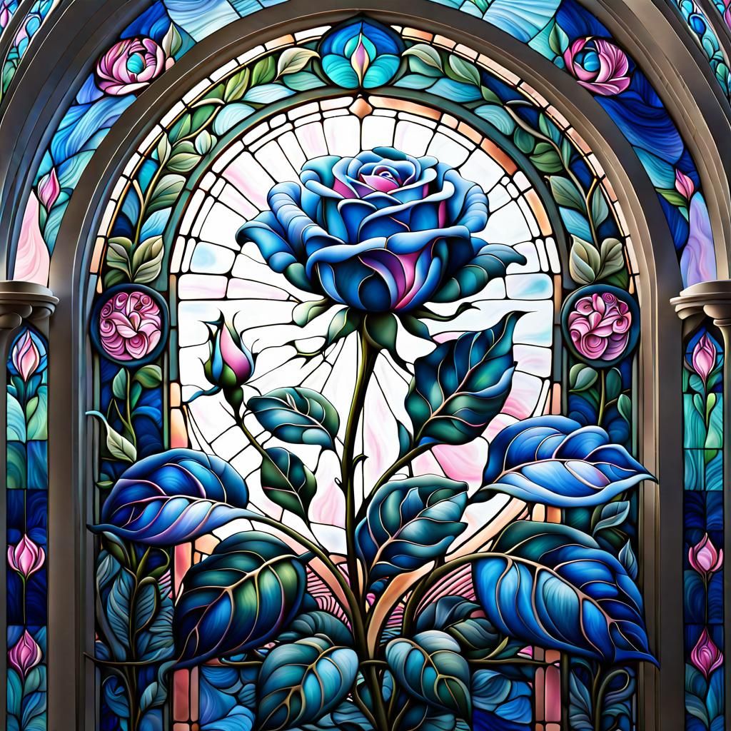 Blue Rose Before Stained Glass in Airbrush Art