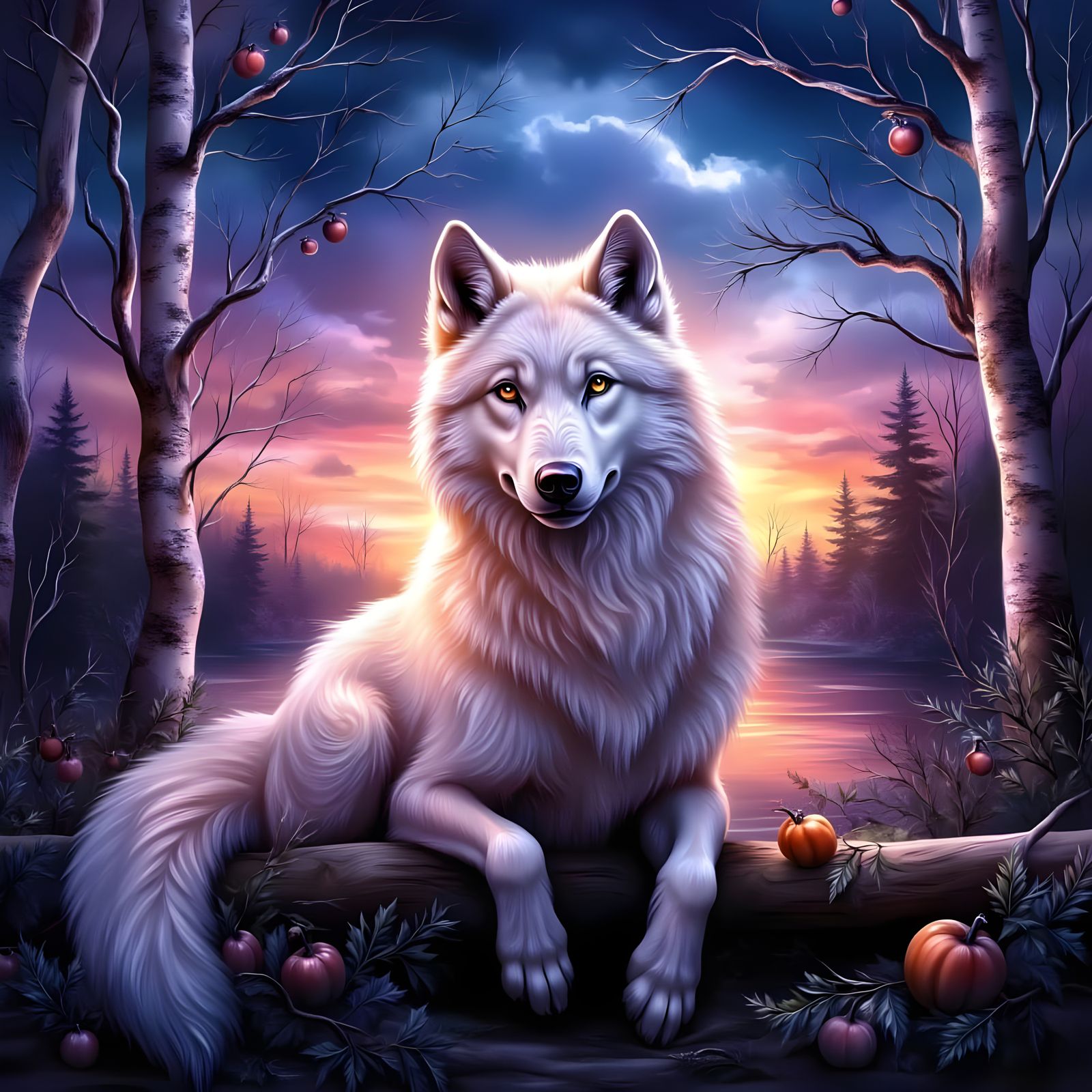 Moonlit Winter Wolf in Vibrant Sunset Hues
