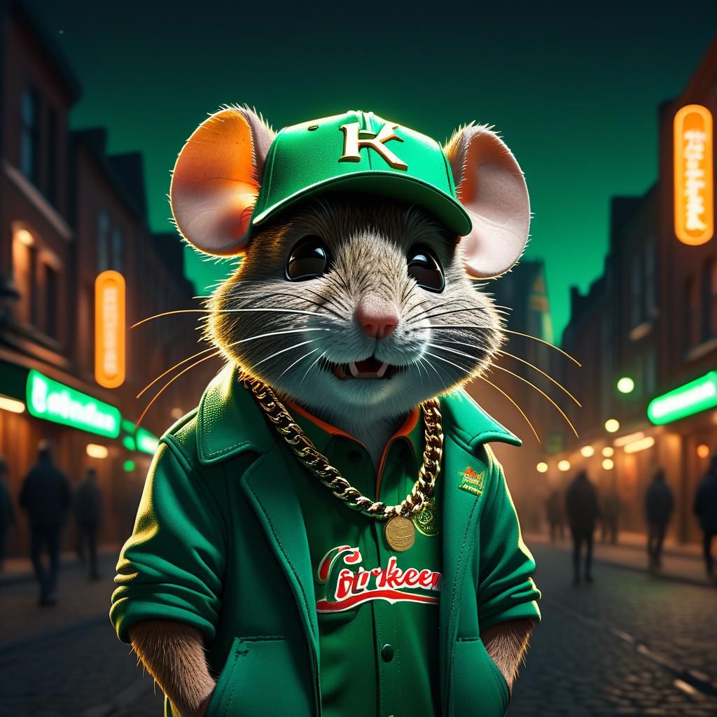 Gangsta Mouse with Beer, CG Rendered in Art Nouveau Style
