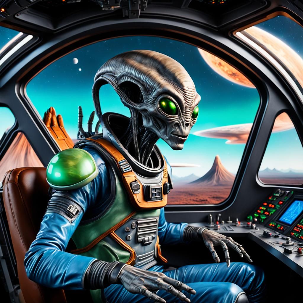 Alien Pilot in Spaceship Cockpit: 3D Photorealistic Portrait