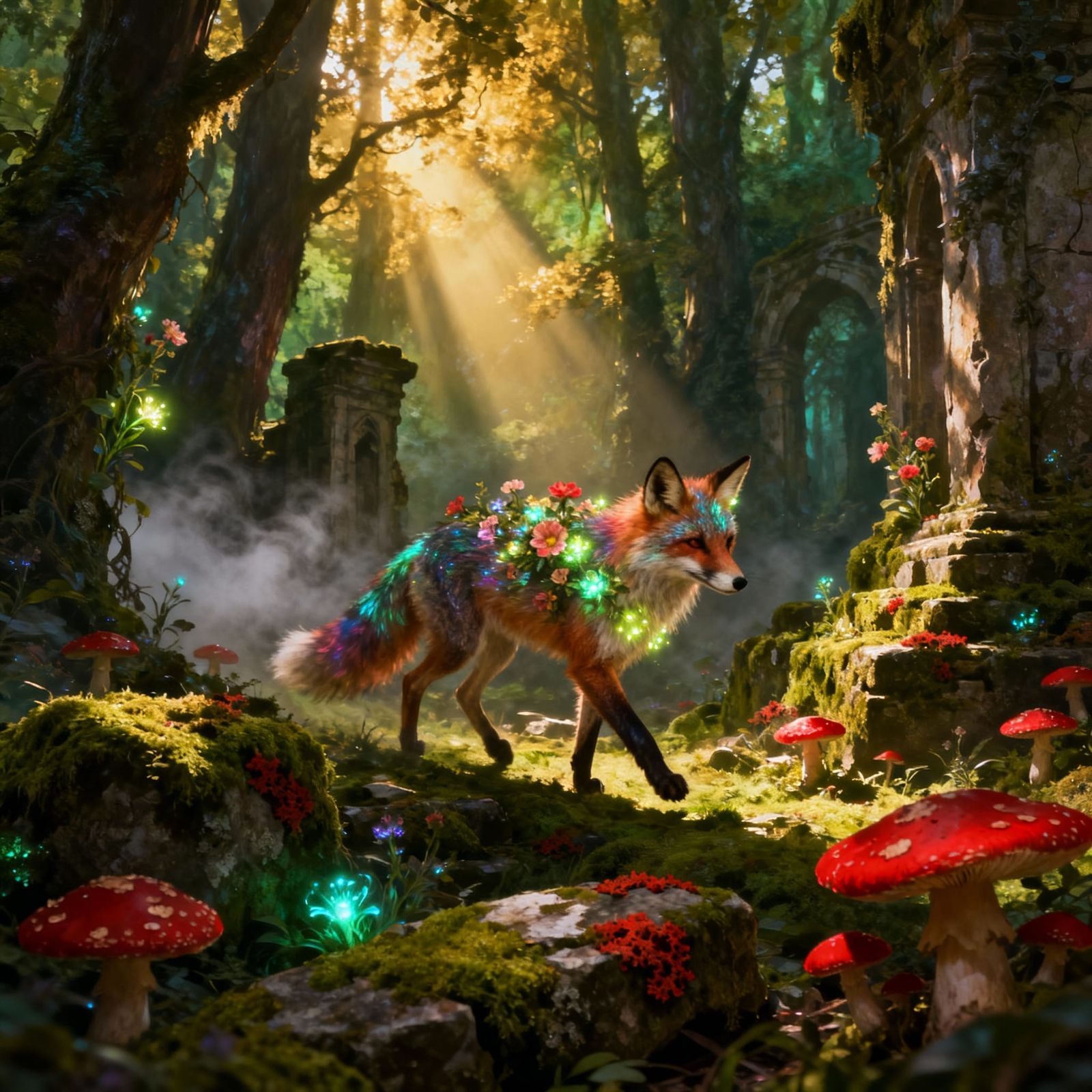 Mystical Fox in Enchanted Forest with Glowing Flowers