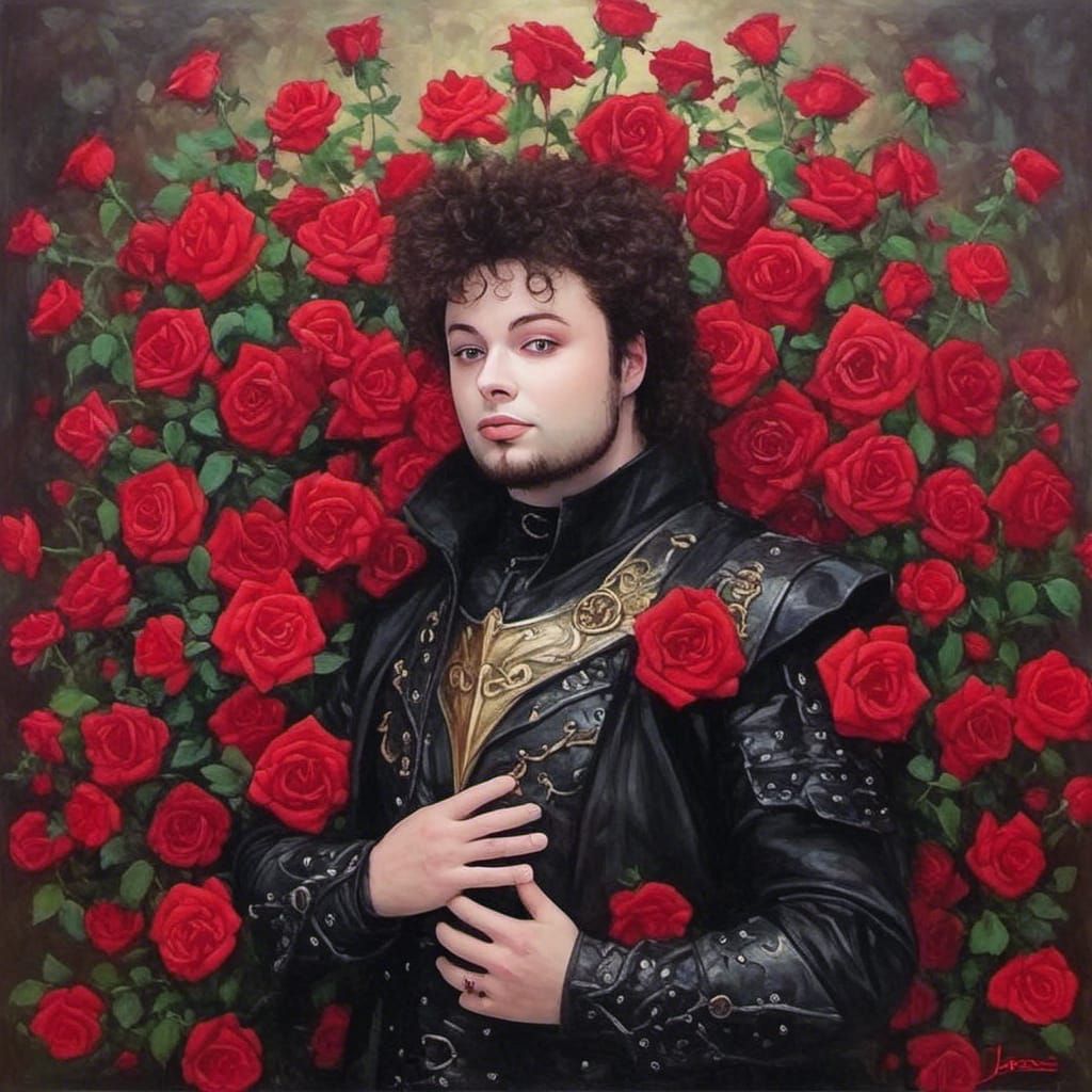 Gothic Knight Surrounded by Roses: Oil Painting