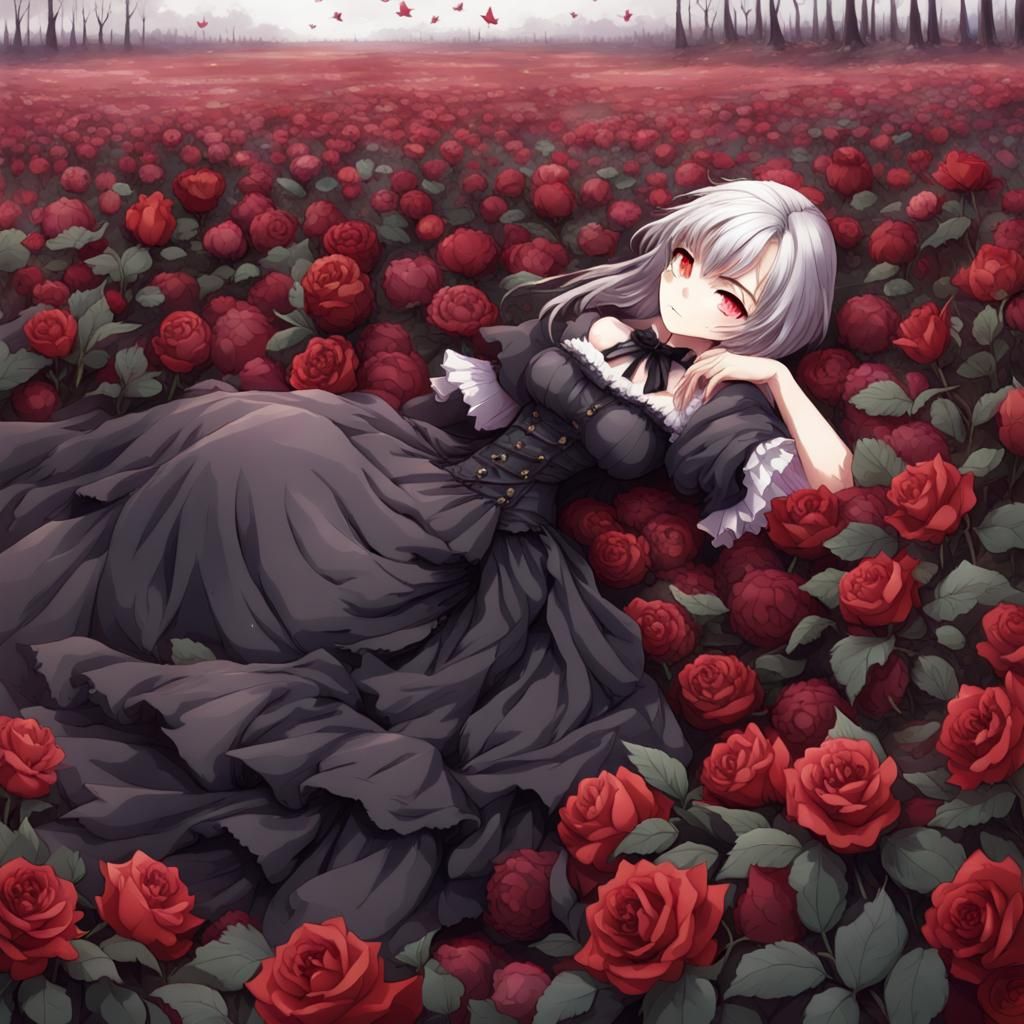 Gothic Woman in Dead Rose Field: Anime Style