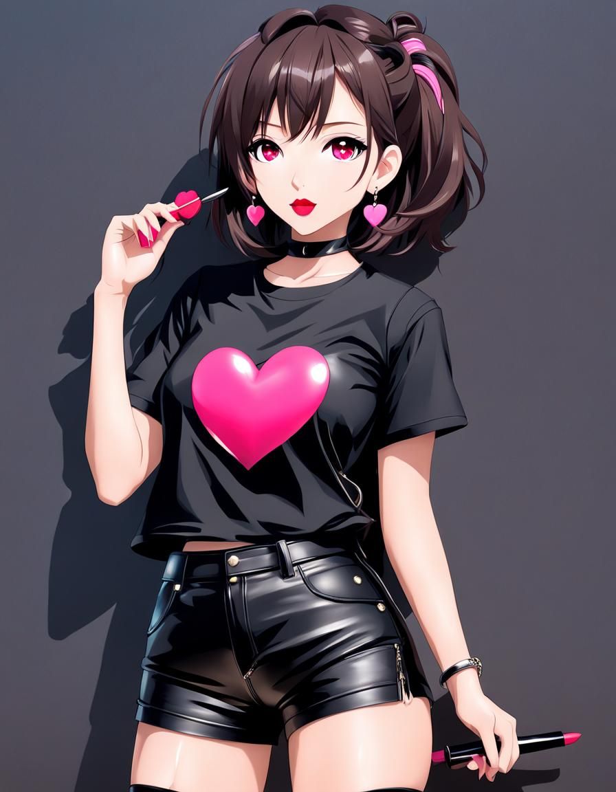 Pretty brunette girl Anime stylewith pink heart earrings and...