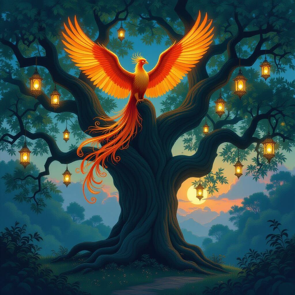 Majestic Phoenix on Lantern-Lit Ancient Oak