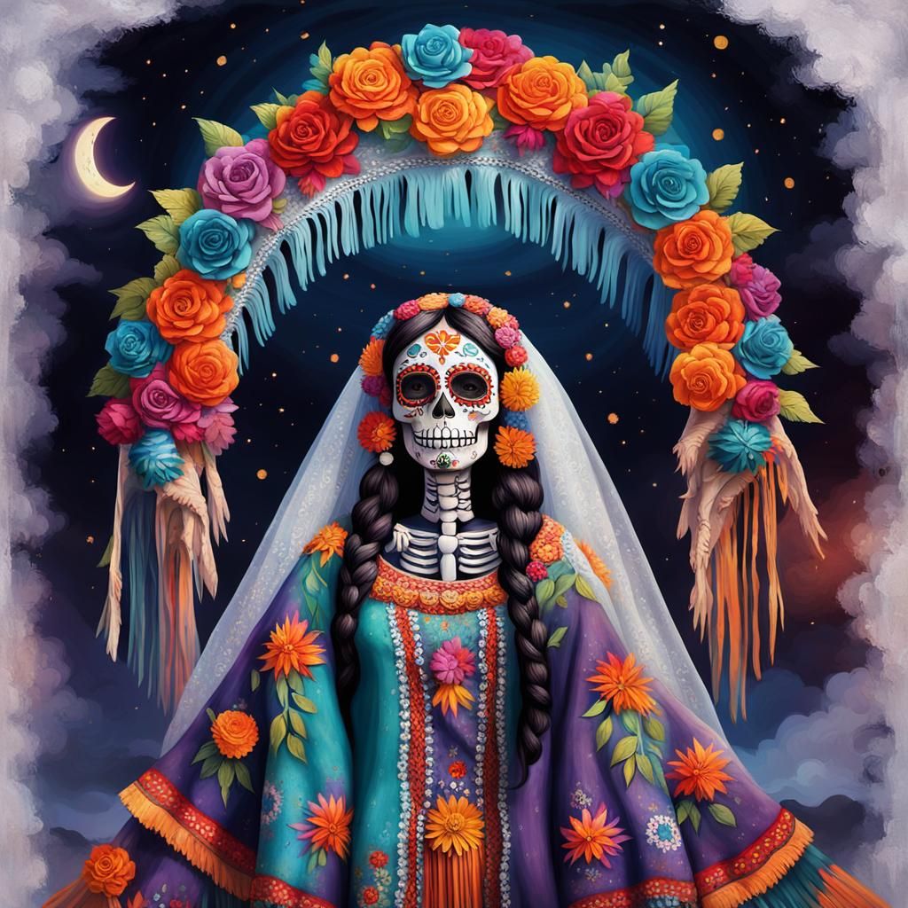 Mexican Folk Art: Couple in Graveyard Oil Painting