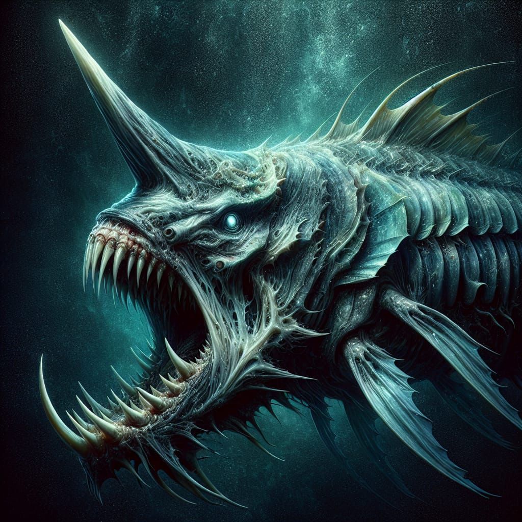 Ethereal Horror of the Deep: A Barracuda-Rhino Hybrid in Oil