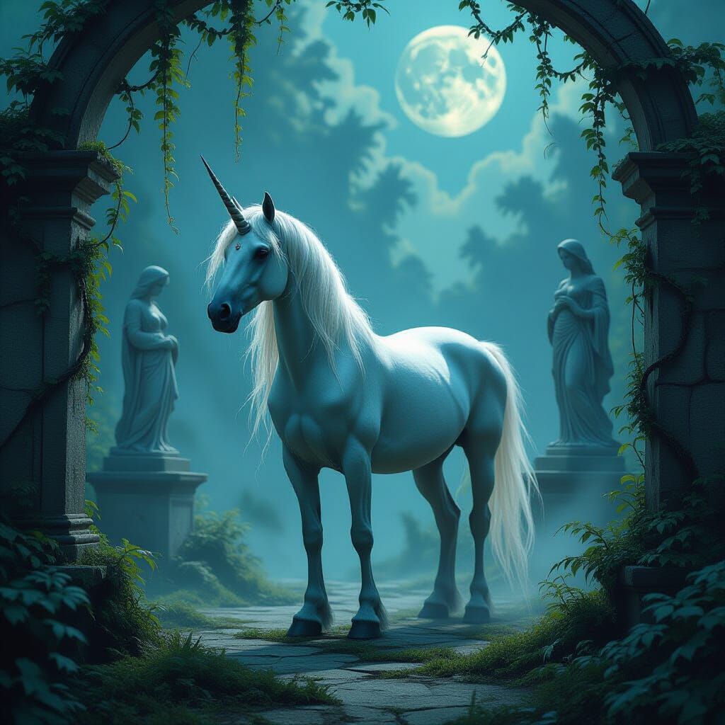 Majestic Unicorn in Moonlit Gothic Garden