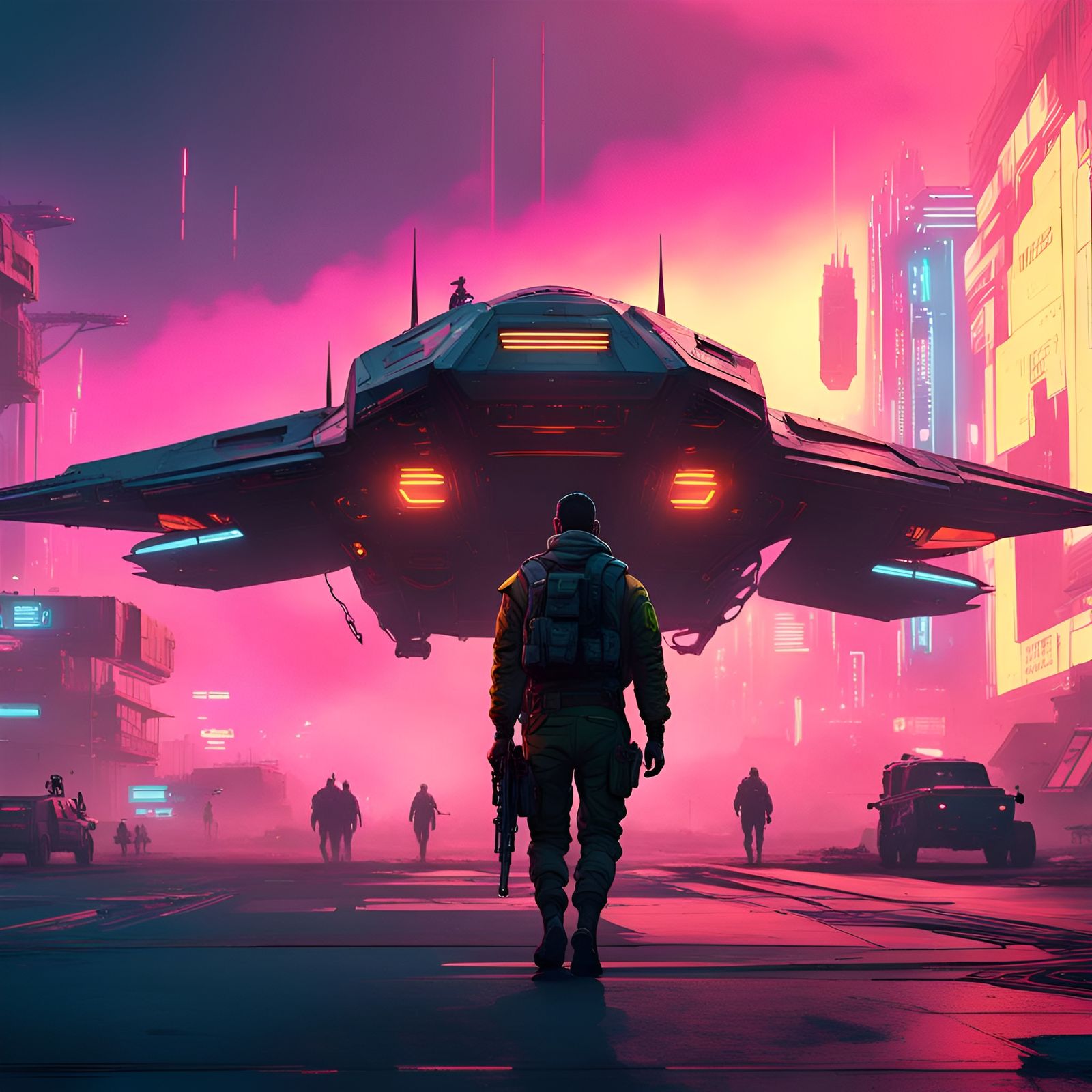 Cyberpunk Soldier and Spacecraft in Neon Cityscape