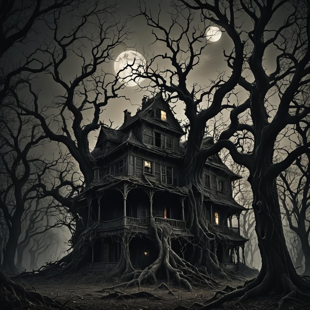 Eerie Dark Forest House in Surrealist Style