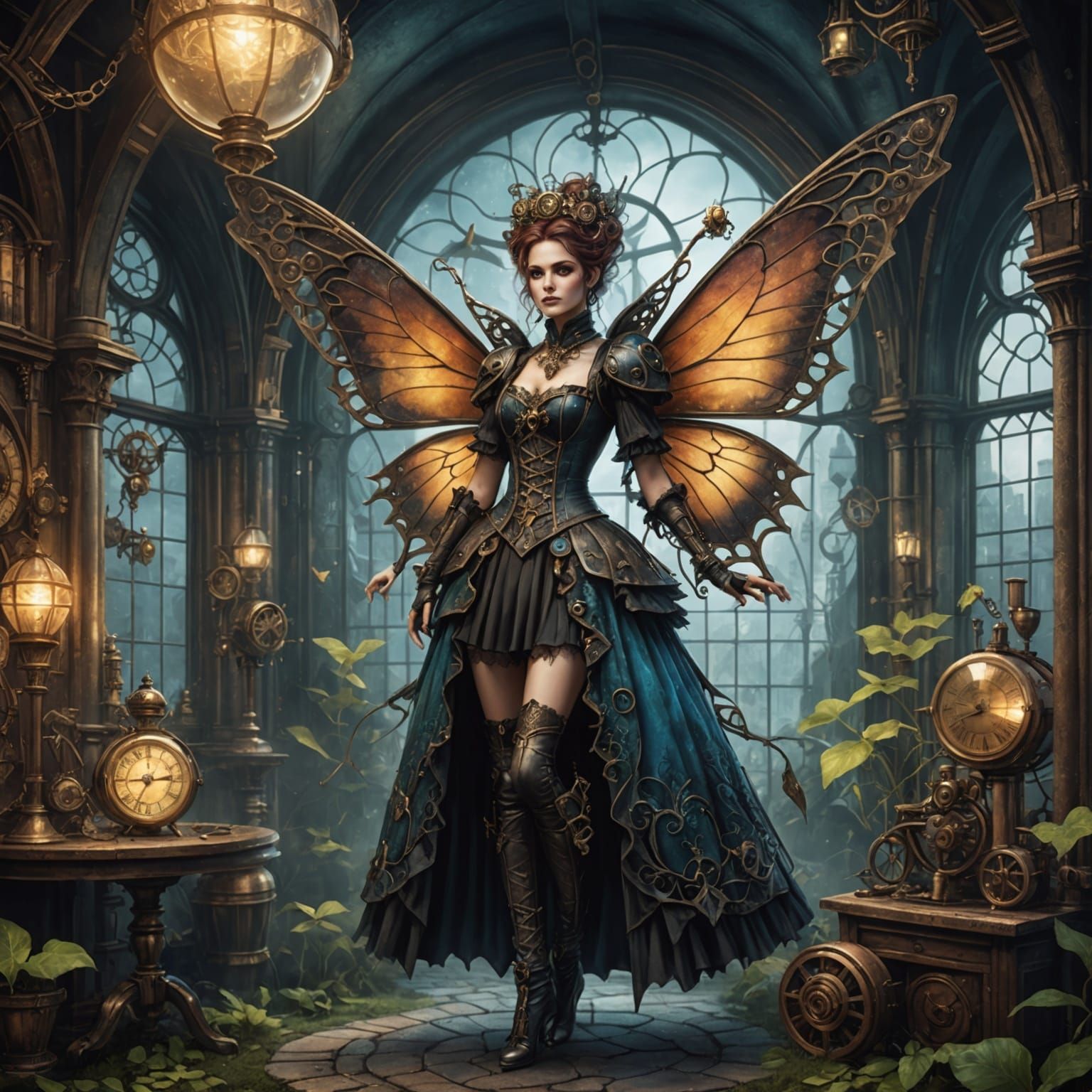 Steampunk Gothic Fairy in a Magical Environment