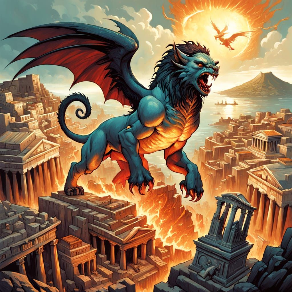 Mythical Chimera Devastates Ancient Greek Metropolis in Dark...