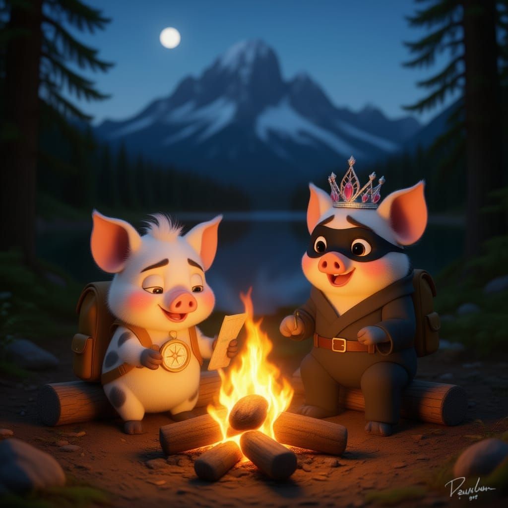 Pigs Enjoy S'mores Around Campfire with Lake Tahoe Backgroun...