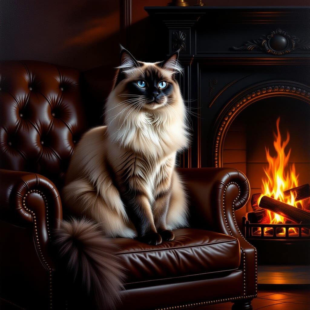 Majestic Siamese Cat on Leather Chair by Fireplace
