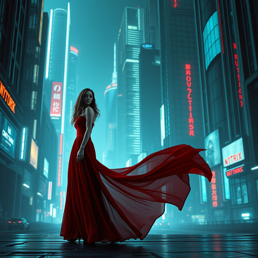 Futuristic Woman in Red Dress in Dystopian Cityscape