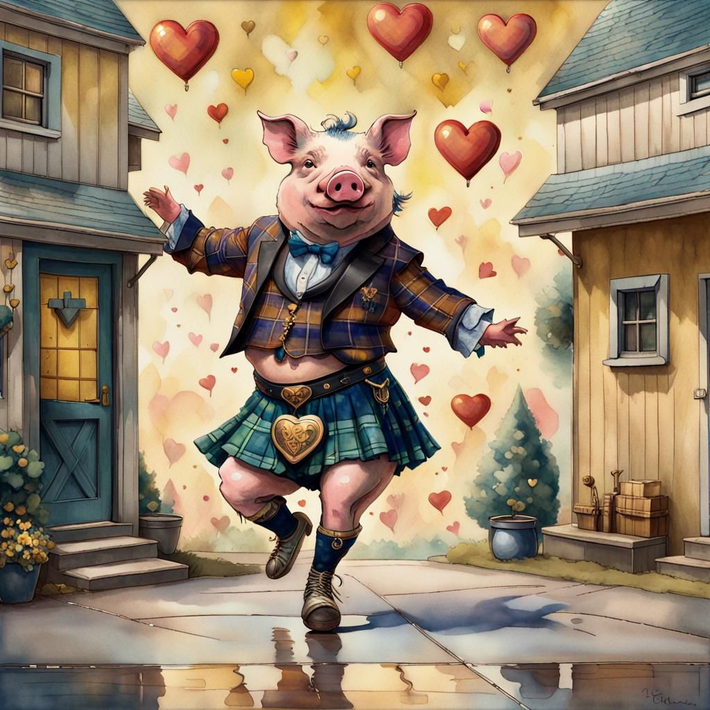 Anthropomorphic Pig Dancing Jig in Art Deco Style