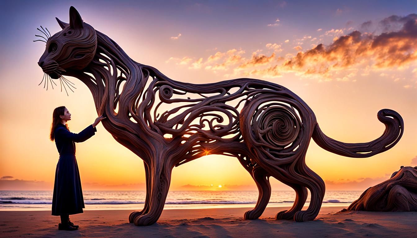 Driftwood Cat Sculpture on Beach, Art Nouveau Style