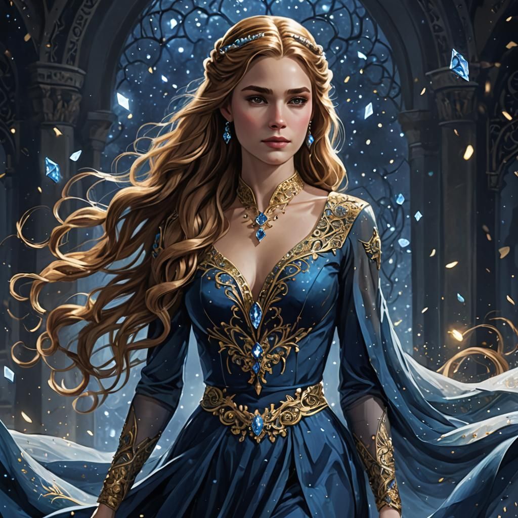 Ethereal Woman in Starfall Dress: Expressionist Painting