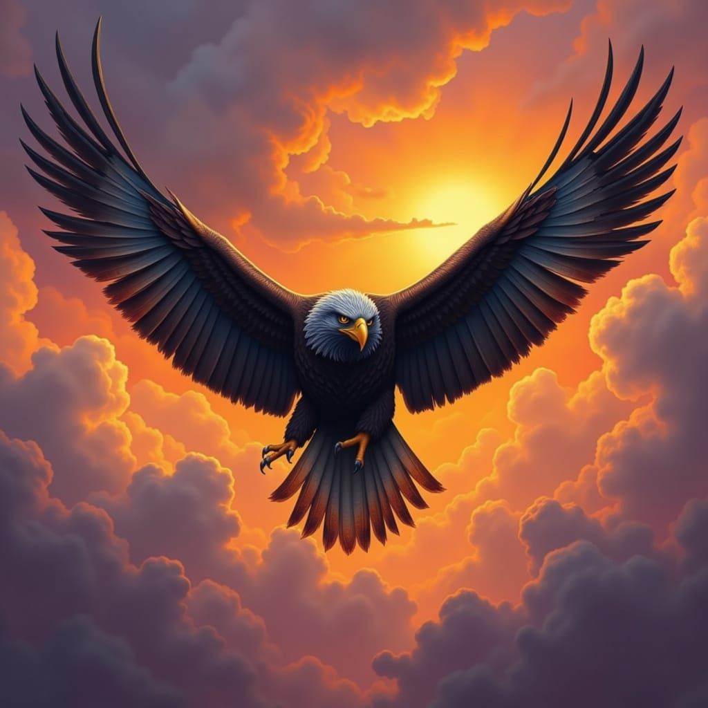 Majestic Eagle With Man's Face Soaring at Sunset