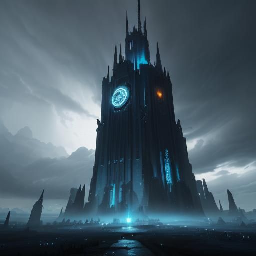 Tower Amidst Storm with Futuristic Law Interface