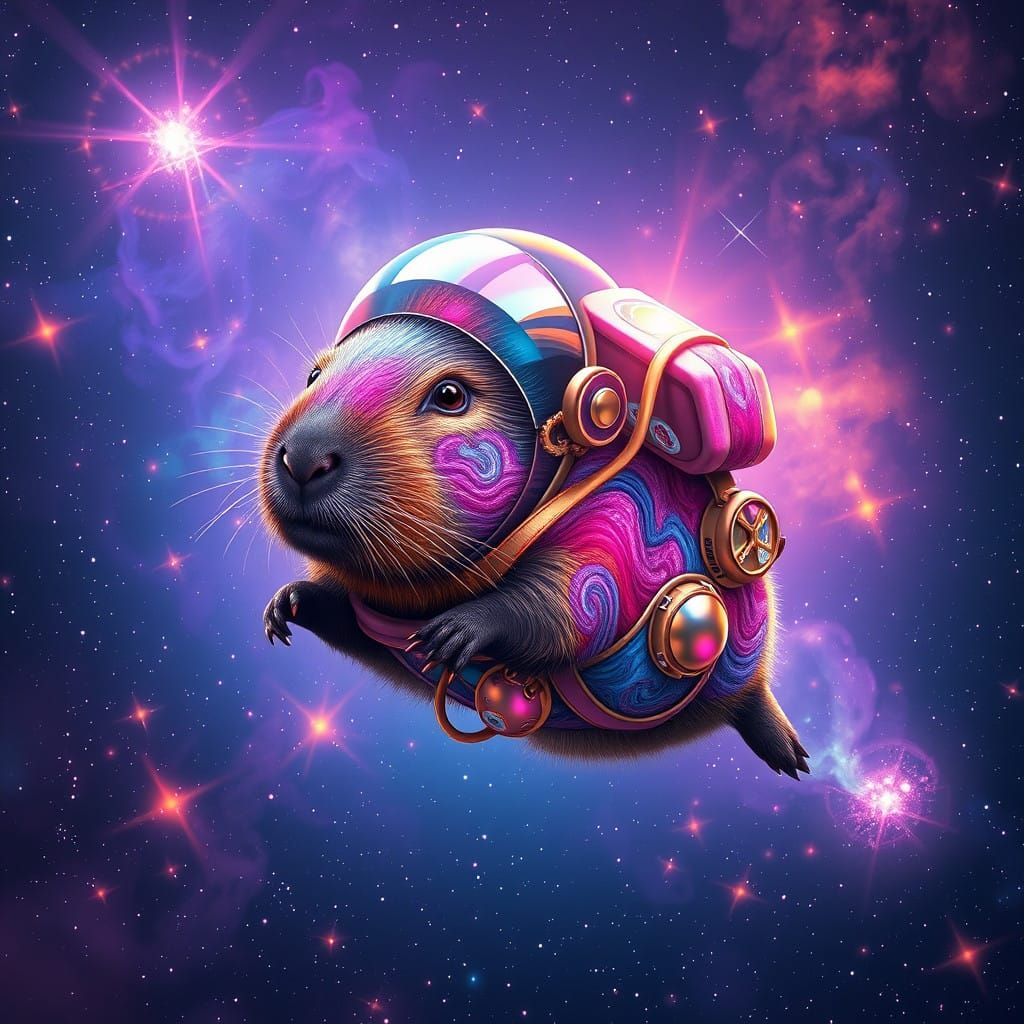 Capybara in Shimmering Metallic Spacesuit Explores Starry Co...