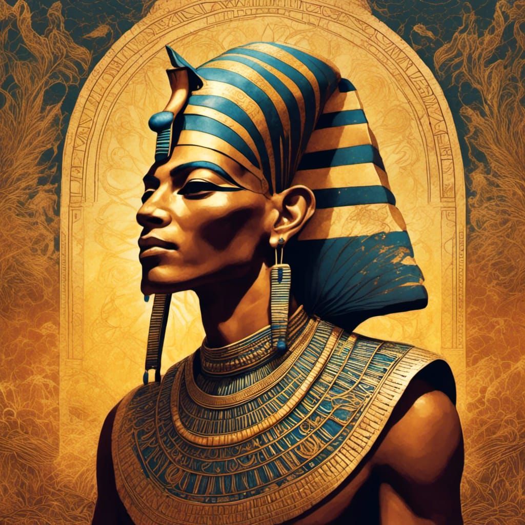Egyptian Pharaoh Tutankhamun Portrait with Golden Details