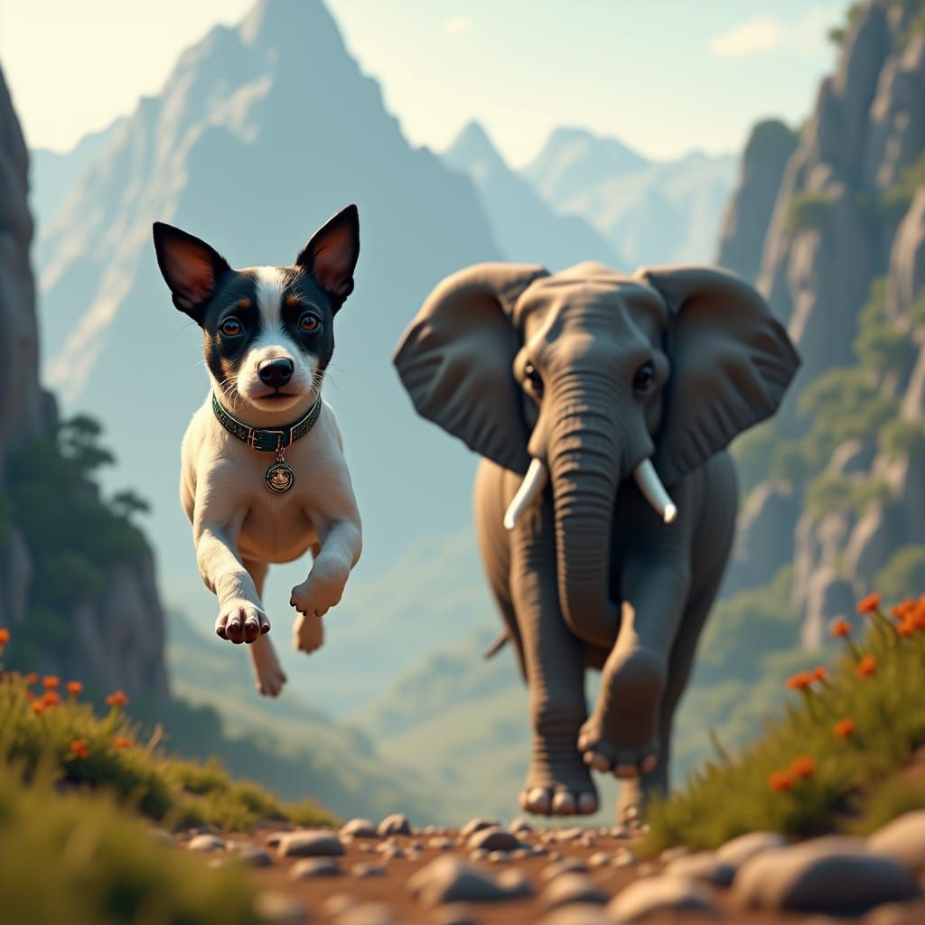 Jack Russell Terrier and Elephant in Misty Landscape