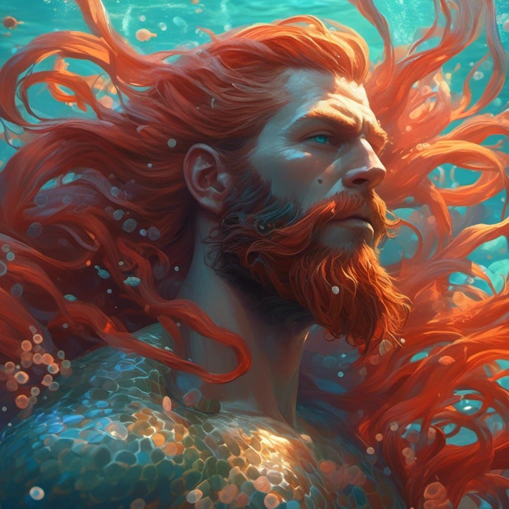 Merman with Red Hair in Underwater Portrait