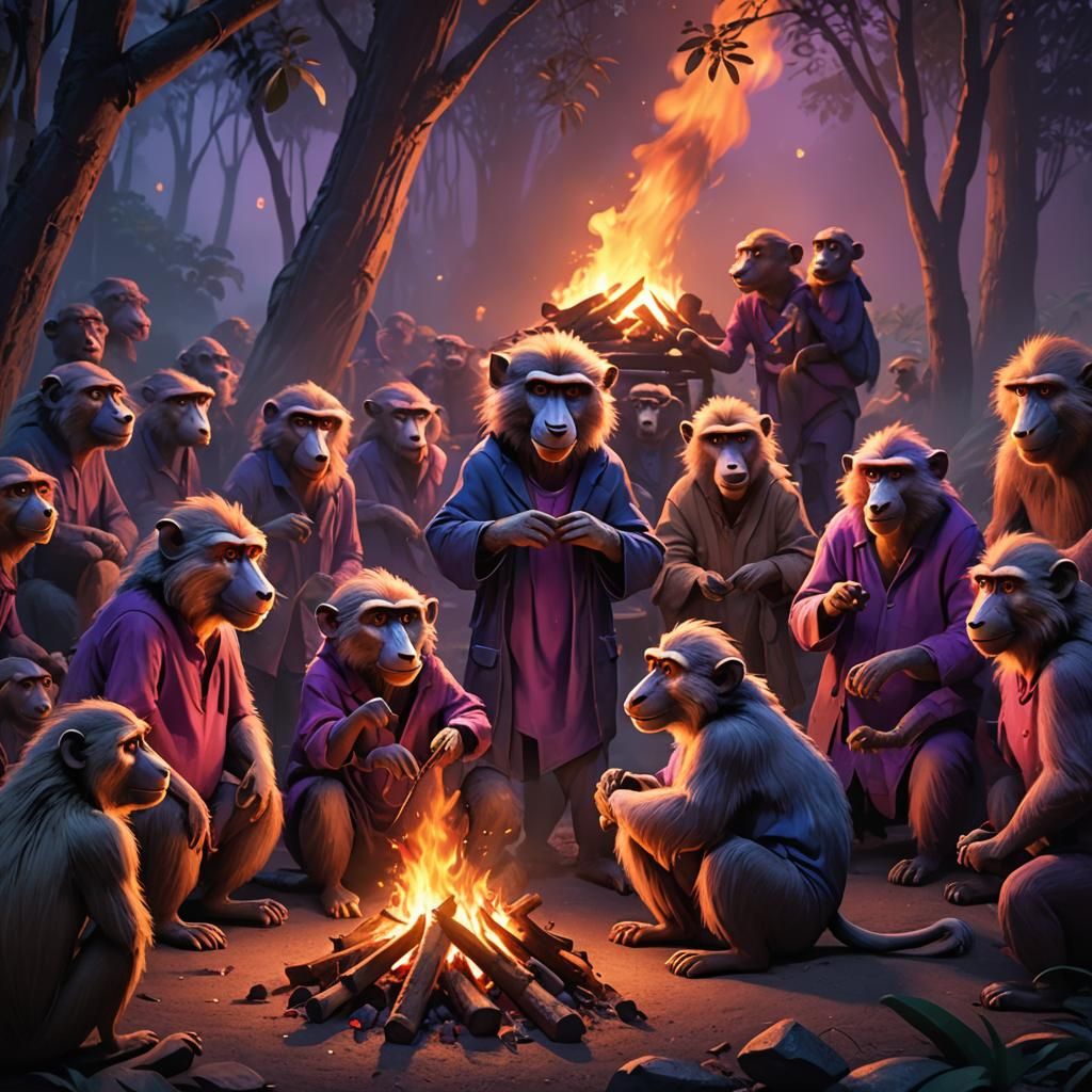 Baboons Around Campfire as Pixar Concept Art