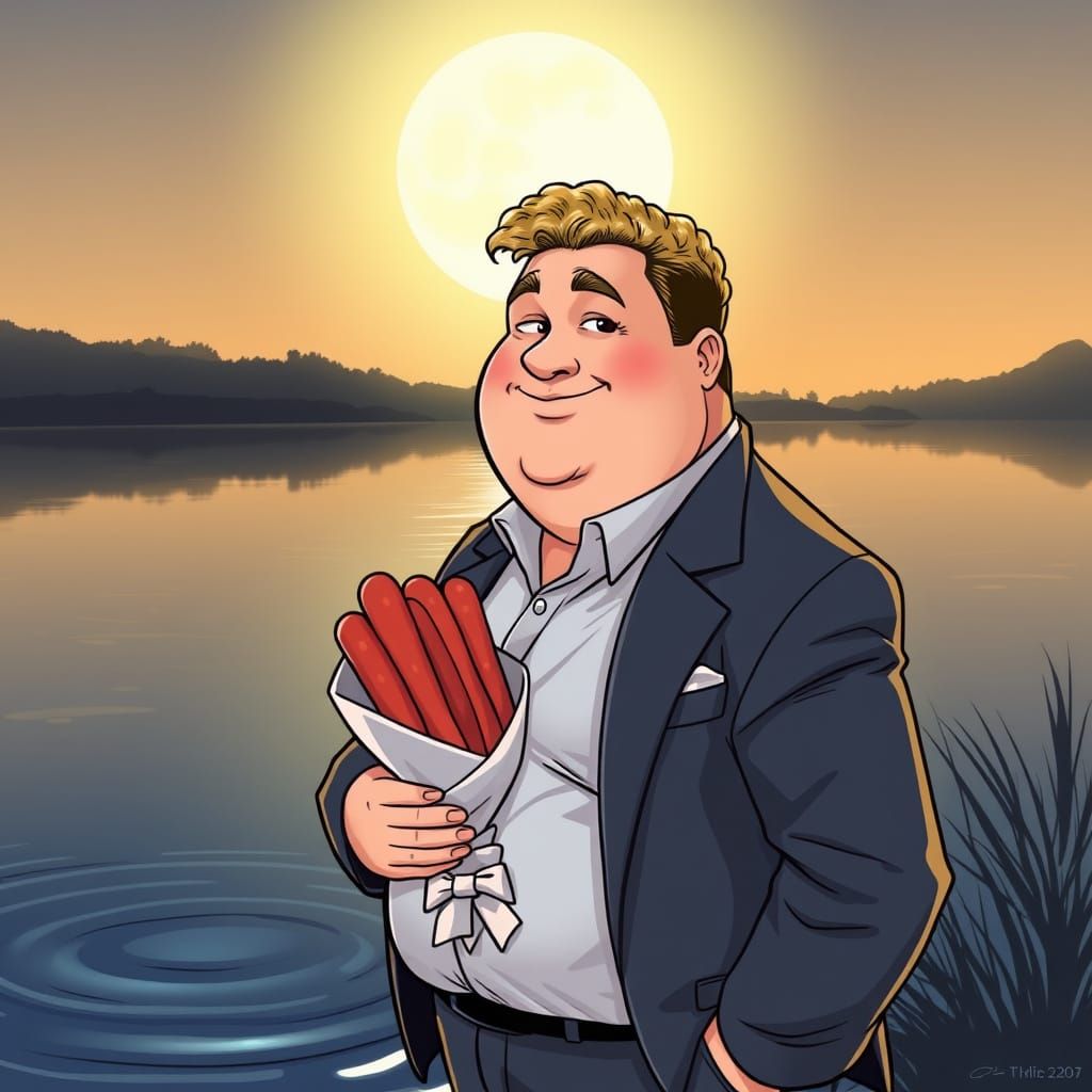 Charming Gentleman Surrounded by Serene Lake at Dusk