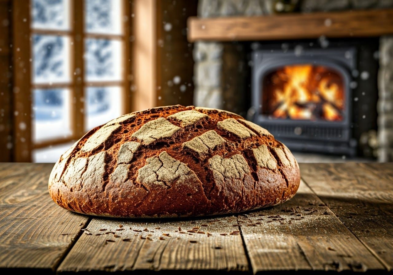 Warming Rye Bread Illuminated by Snowy Window Light in Cozy...
