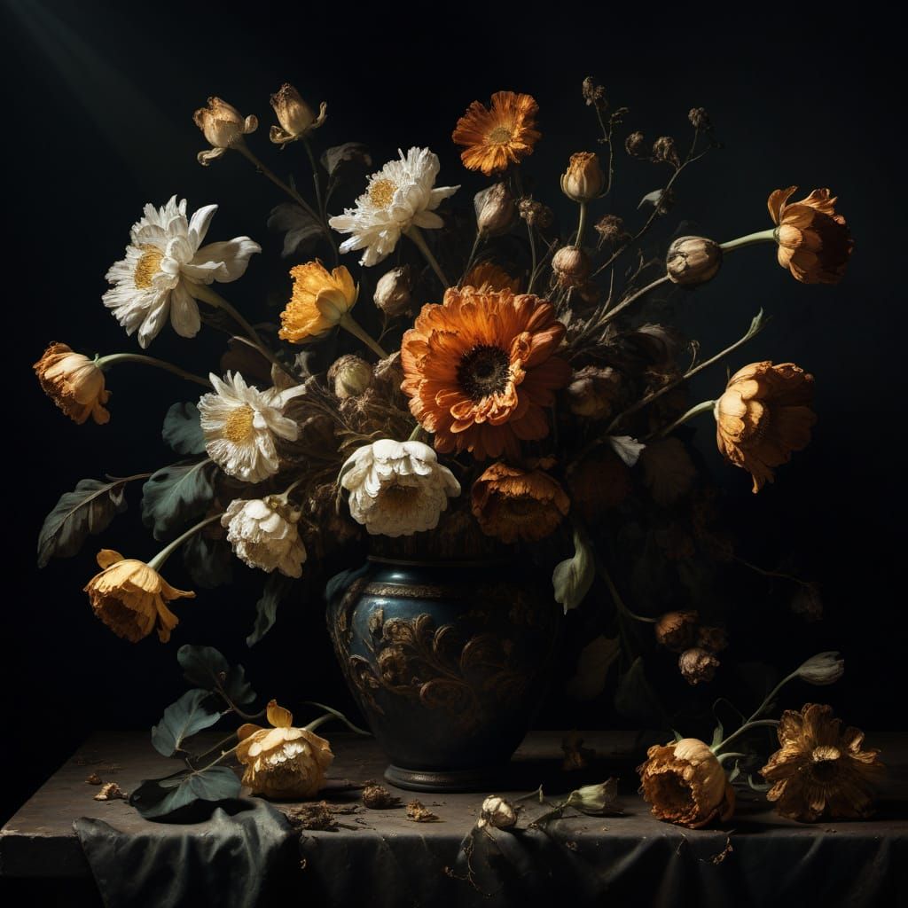 Baroque Still Life of Decaying Flowers with Chiaroscuro