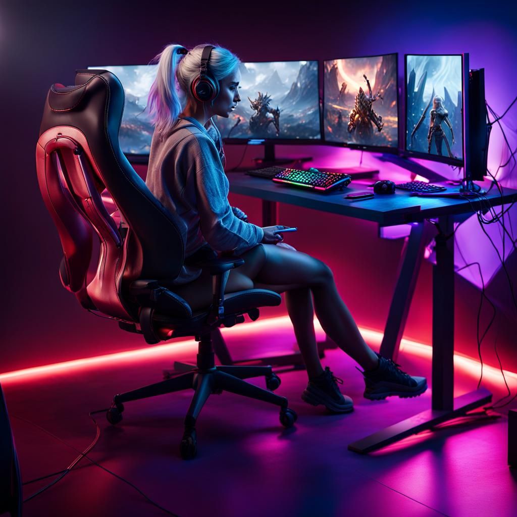 Hyperrealistic Gamer Girl in Ultimate Gaming Setup