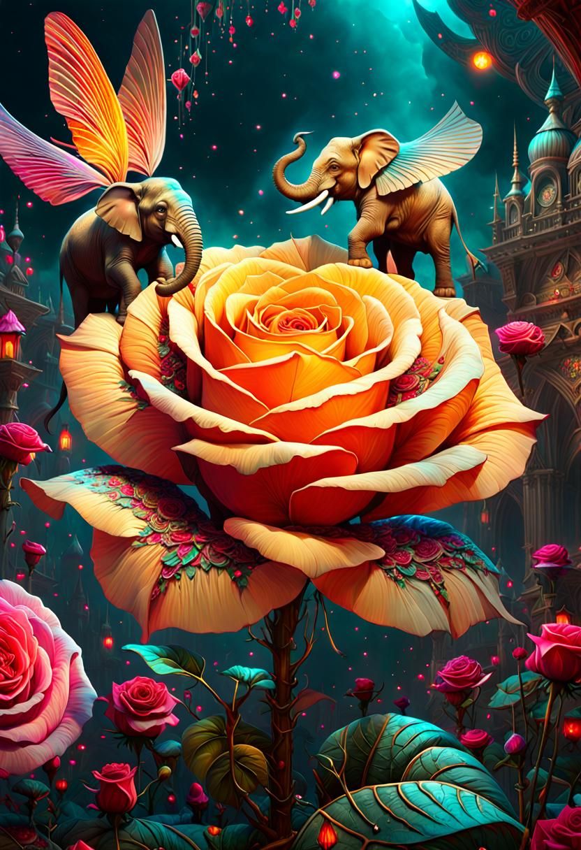 Elephants Inside a Glowing Rose: Fantasycore Artwork