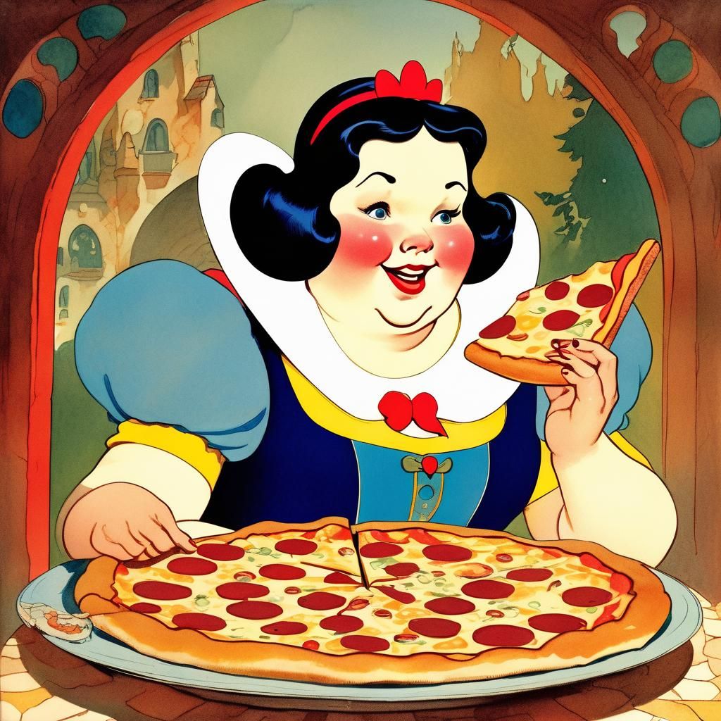 Snow White's Pizza Feast: A Cartoon Illustration