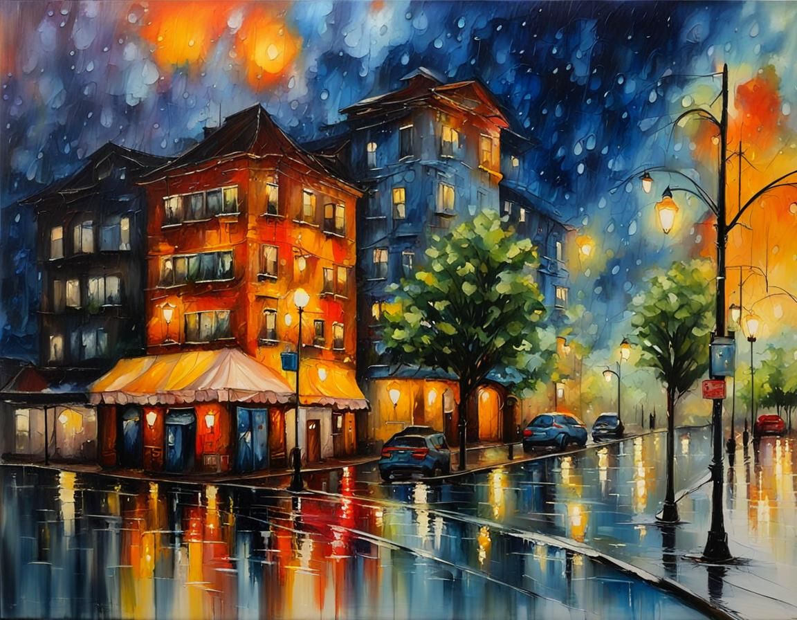 Rainy Evening Cityscape Oil Painting