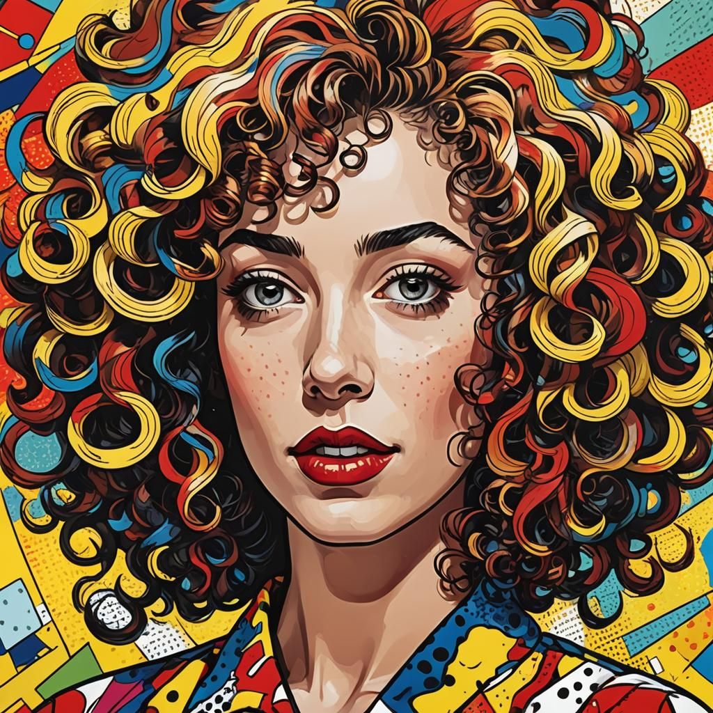 Pop Art Portrait of Woman with Curly Hair
