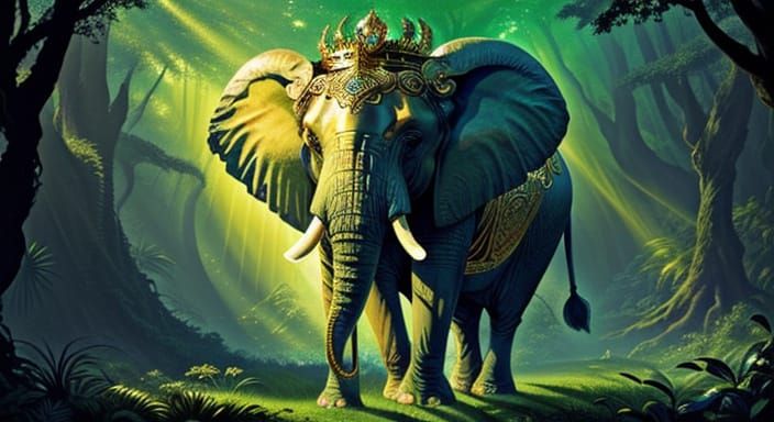 Majestic Elephant King in Lush Jungle Fantasy Art